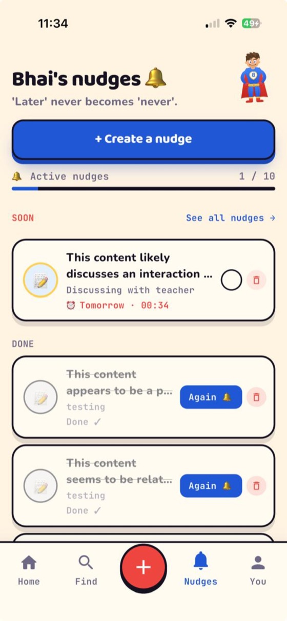 BhaiFinder Nudges screen showing reminders that repeat until done