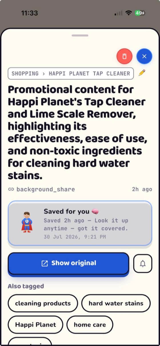 A saved reel opened in BhaiFinder with its AI context and Show original button
